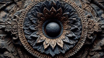 A detailed photograph of the Ashoka Chakra with intricate designs and textures