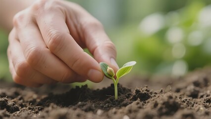 Hand gently touching a young sprout emerging from soil, symbolizing growth and care.