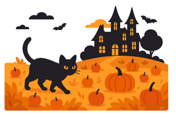Vector design featuring a cute hand drawn seamless Halloween pattern with creepy houses, kids in costumes, and decorations, suitable for use on textiles, banners, wallpapers, and wrapping