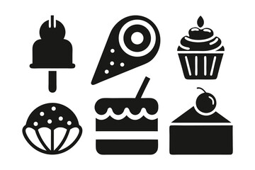 Assortment of sweet dessert icons, including cupcakes, ice cream, and cakes, presented in a clean, modern style isolated on a white background