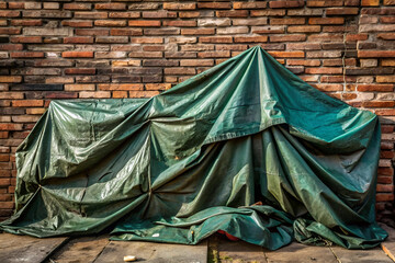 A motorcycle completely covered with a green tarp, resting on wooden pallets against a textured brick wall, offering protection from weather and dust