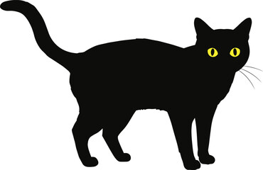 Black cat silhouette, yellow eyes, spooky Halloween symbol, creepy feline illustration, standing cat pose, horror theme vector art, cad drawing flat vector illustration