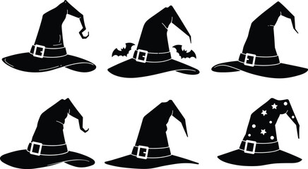 Collection of black witch hats with different spooky shapes, Halloween costume accessory, magic wizard hat clipart, silhouette vector set, cad drawing flat vector illustration