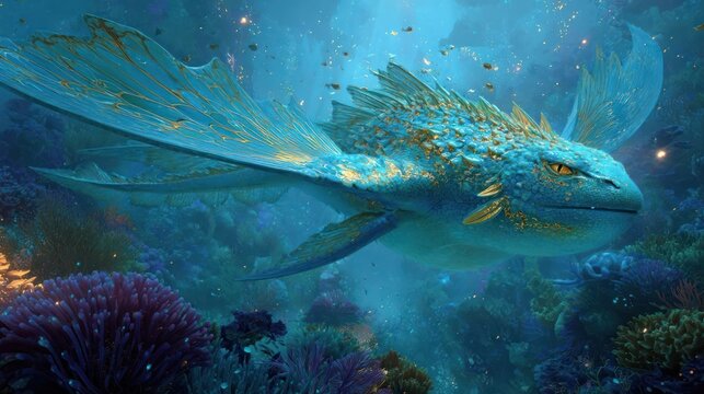 Aquatic dragon swims in a vibrant coral reef surrounded by small fish in blue water