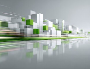 Abstract cityscape of white and green cubes, with motion blur