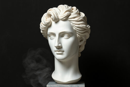 A classical marble bust of a man with curly hair is displayed against a dark background, highlighting its intricate details and artistic elegance	