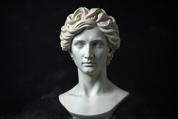 A classical marble bust of a woman with curly hair is displayed against a dark background, highlighting its intricate details and artistic elegance	