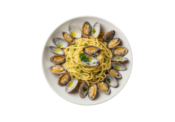 Perfectly plated hot linguine alle vongole, al dente pasta, fresh parsley, plump clams, off-white shells on pristine transparent background, macro lens, overhead, highly appetizing culinary concept