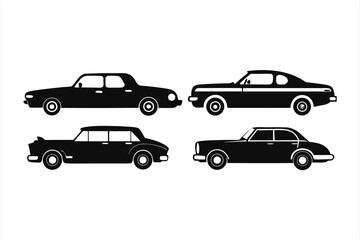 Fototapeta premium Collection of four classic vintage car silhouettes in black, showcasing different sedan models from various eras, presented on a clean white background
