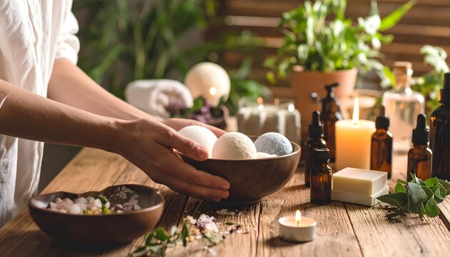 Hands arranging bath bombs and essential oils on a wooden table, surrounded by candles, soap, and plants, evoking a spa-like atmosphere.