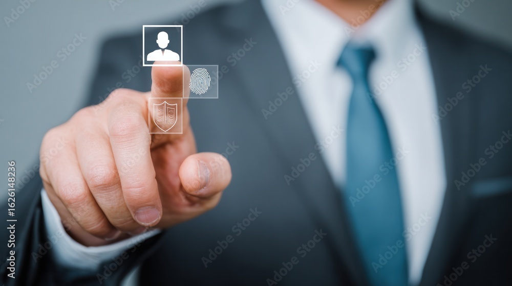 Poster digital touch: a sharply dressed individual in a modern business setting, with a finger poised to in