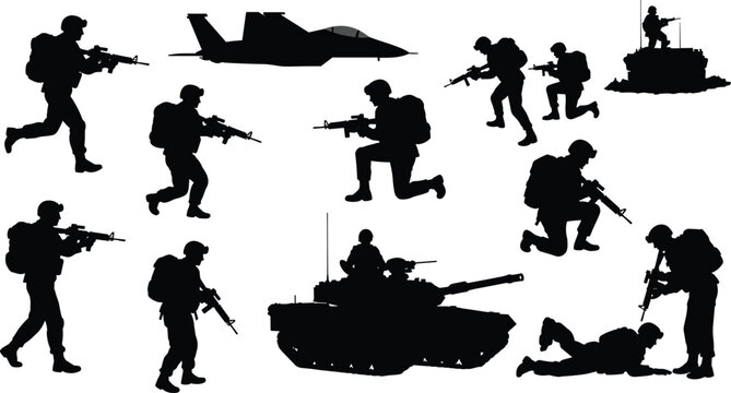 Military soldier silhouette set, army action poses, combat troops, fighter jet, tank illustration, tactical squad positions, vector art for defense, war design, battlefield icons