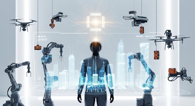 A businessman in a hard hat stands before a holographic city, surrounded by robotic arms and drones, representing smart city technology