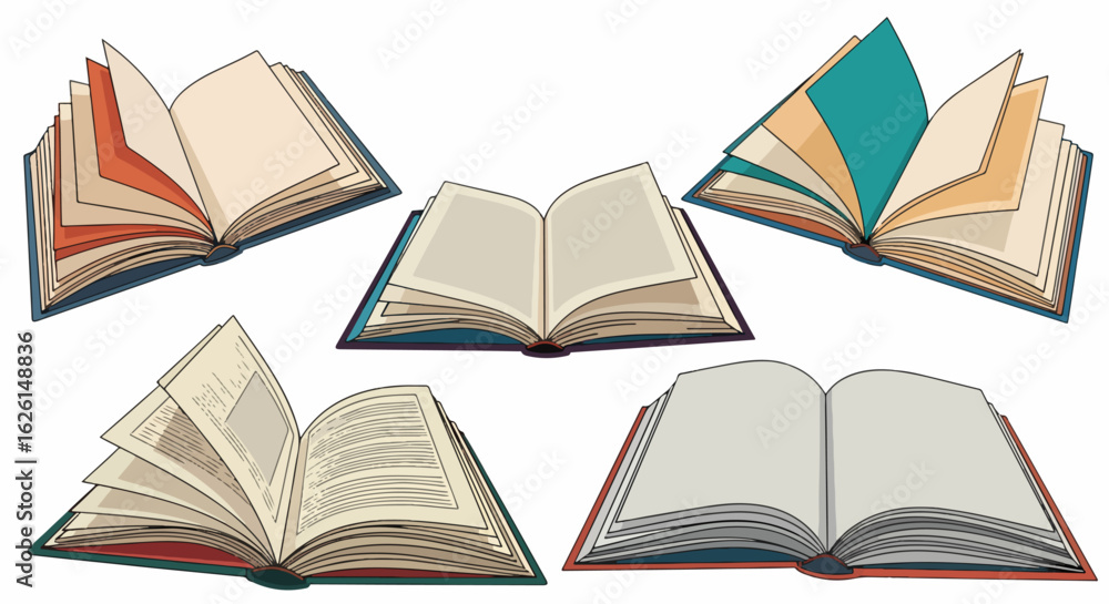 Poster set of open books isolated, showcasing different layouts and designs for reading materials. several 