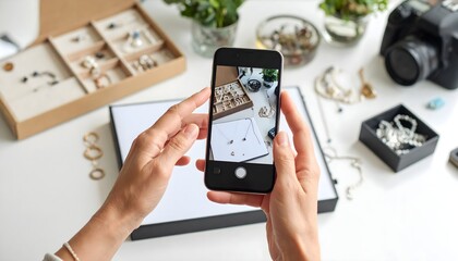 Hands holding a smartphone, photographing a collection of elegant jewelry displayed on a white surface, with a camera and plants in the background.