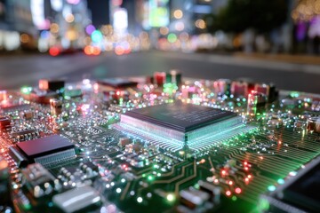 Obraz premium Close-Up of a Circuit Board with Colorful Lights at Night in a Busy Urban Environment, Showcasing Modern Technology and Digital Innovation
