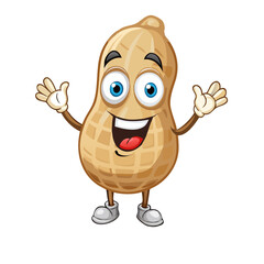 Happy Cartoon Peanut Mascot Character Waving with an Excited Expression