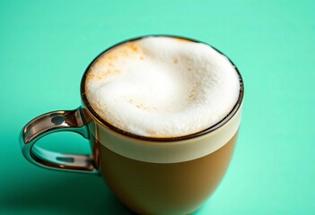 Close-up of frothy cappuccino in a cup, mint background,  visual,  coffee shop