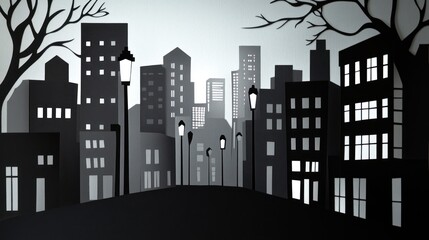 Monochrome city skyline at night with streetlights and bare trees.