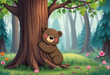 Cute bear embracing tree in whimsical forest scene, tale, drawing