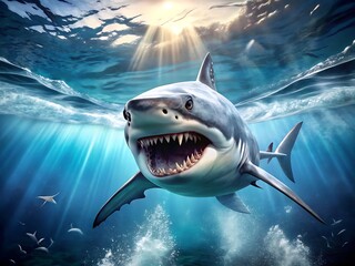 Great white shark with open mouth and teeth swimming in the ocean