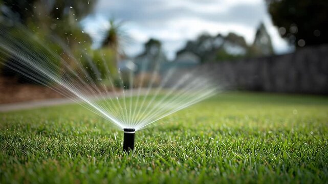Sprinkler system spraying water across lush green grass in a well-maintained garden, showcasing irrigation technology and vibrant outdoor landscaping