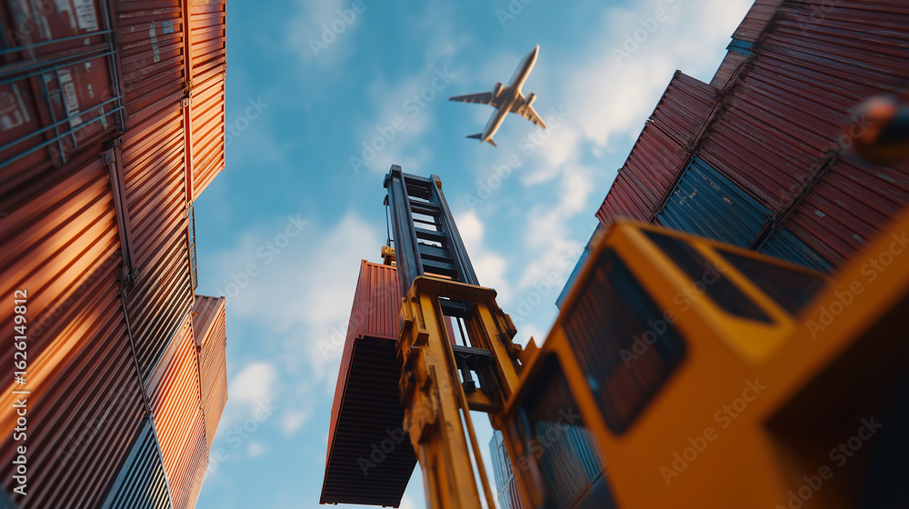Aufkleber dynamic forklift operations in container yard with jetliners above