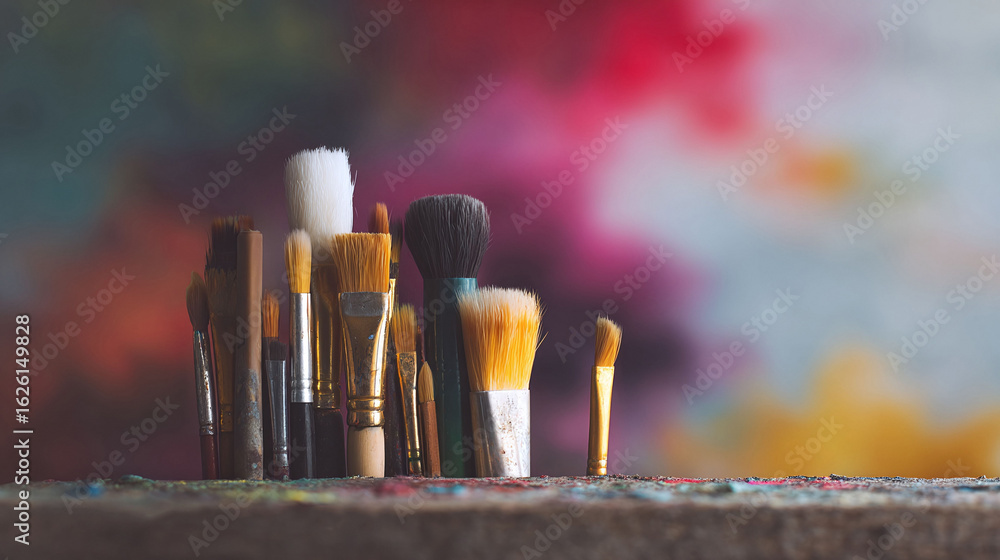 Poster artists tools of creation. a set of wellused paintbrushes against a softly blurred colorful backgrou