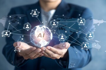 Artificial Intelligence in global HR management and recruitment. AI-powered talent acquisition, workforce analytics and automation in employee selection and human resources strategy.