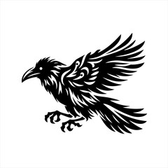 Stylized Black Raven Flying Vector Design.