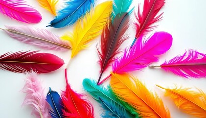 Obraz premium Delicate array of assorted feathers, vibrant hues, pristine white backdrop, soft, collection