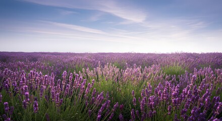 Fototapeta premium A vast field of lavender flowers under a bright sky with soft clouds creating a serene landscape view