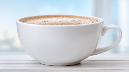 Fototapeta premium Cafe Latte in a Ceramic Cup: A steaming cup of cafe latte is presented, with creamy foam, capturing warmth and comfort on a table top.