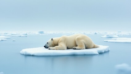 Lonely polar bear resting on an ice floe in the Arctic under a tranquil sky during the quiet hours of the early morning light