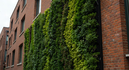 Green ivy climbs up a brick building facade