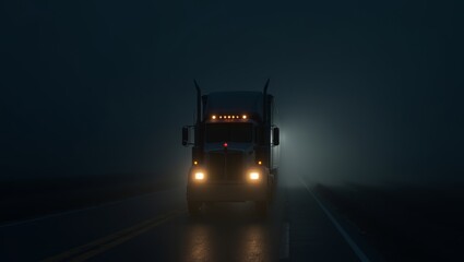 Mysterious truck navigating through dense fog on a lonely highway at night