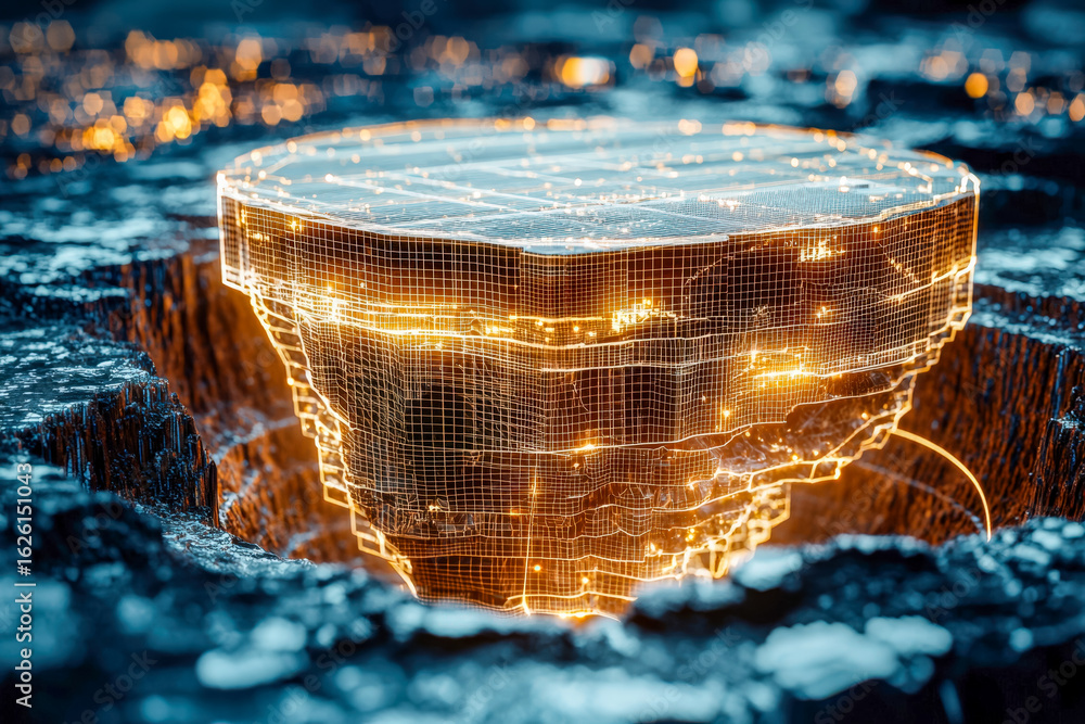 Poster digital representation of a floating landmass with illuminated grid structure over a rugged landscap