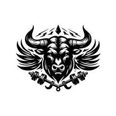 Fototapeta premium Fierce Bull Head with Wings and Dumbbells Logo.