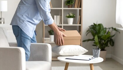 A person's hands carefully placing a brown cardboard box onto a white cushion in a bright, modern living room.