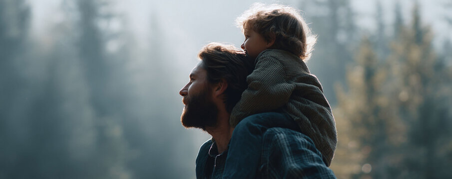 Father and child in nature. Dad carries his son on his shoulders. Family time, love, togetherness. Use for parenting, lifestyle, and wellbeing concepts. - Powered by Adobe