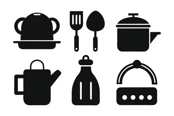 Collection of kitchen utensils and cookware icons, including pots, pans, spatulas, and teapots, isolated on a white background