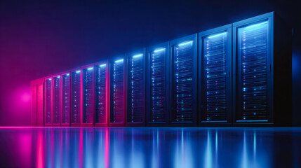Modern data center with vibrant neon lighting and reflective flooring, showcasing a futuristic technological environment