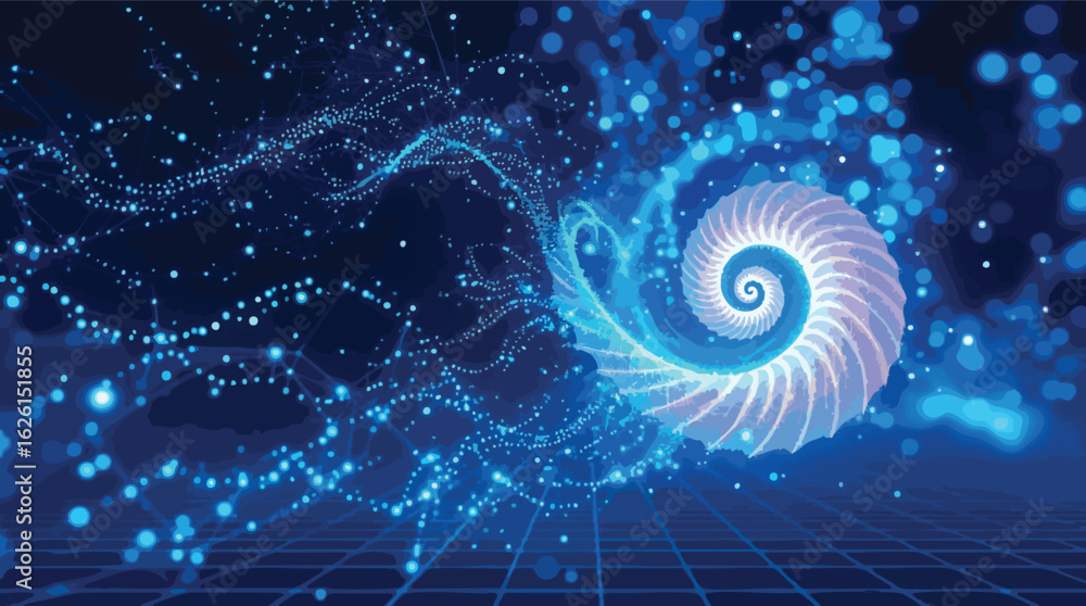 Poster abstract artwork representing data spirals and digital growth with geometric grids.