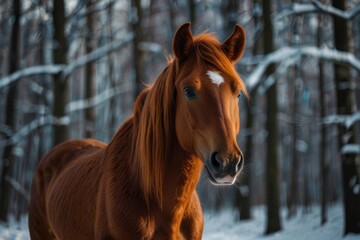Red horse with fiery mane against the background of winter forest