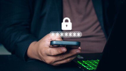 Business Technology Security Concept. Businessman use the smart mobile phone to access on smartphone to validate password for biometric two-step authentication, unlock security. OTP one-time password.