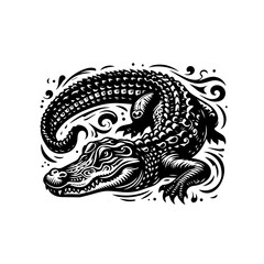 Stylized Black and White Alligator Illustration.