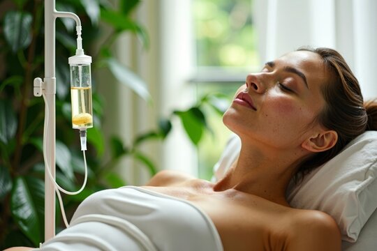 A woman receiving Vitamin Therapy IV Drip Infusion in a tranquil greenery-filled environment. - Powered by Adobe