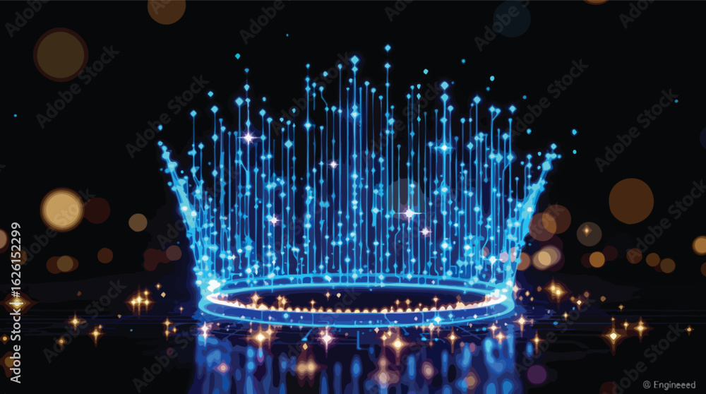Poster abstract digital crown glowing with lines and sparkles over dark background.