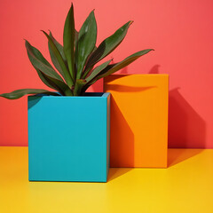 This image presents a visually striking, minimalistic composition that highlights bold and vibrant color blocking. It features:

A green leafy plant placed in a bright turquoise blue square planter.

