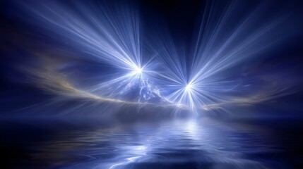 Glowing Light Rays Over Water At Night